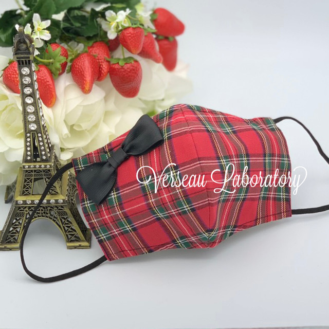028 売れてるマスク リボン 赤 タータン チェック 大判 普通 布 マスク かわいい 日本製 綿100 レッド チェック Verseau Laboratory