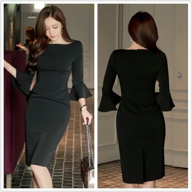 フレアースリーブ ボートネック 黒 タイトワンピース Radiance