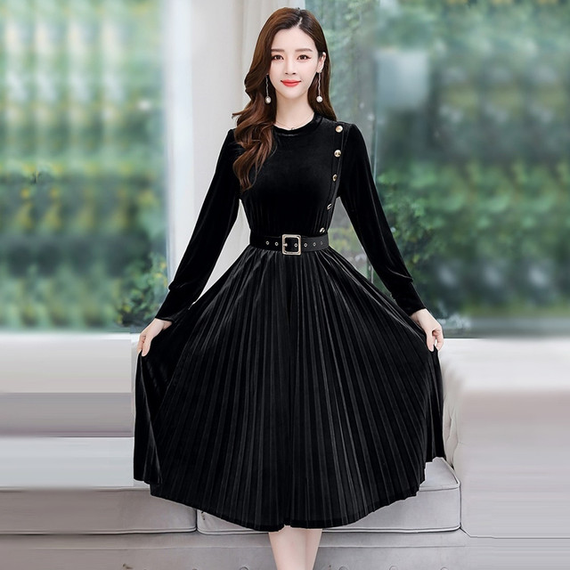 ベルベットワンピース ロング丈 プリーツワンピース レディース 冬 春 二次会 お呼ばれ お洒落 ベロア ワンピース お出かけ 着痩せ パーティードレス 上品 大人可愛い Officewalaa オフィスワラア レディースファッション スタイル