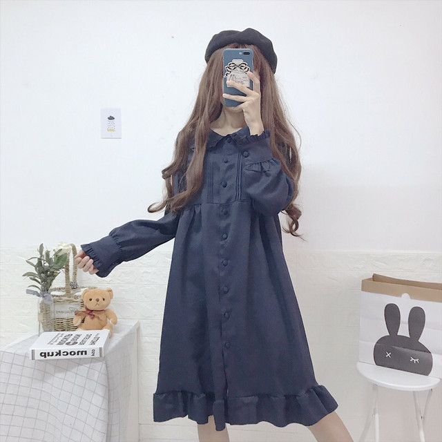 シャツワンピース シフォン ひざ丈 ピーターパンカラー ラウンドネック 長袖 半袖 パフスリーブ 無地 Aライン フリル フレア リボン ガーリー ロリータ 春秋 お出かけ デート 甘ロリ ハイウエスト Dea