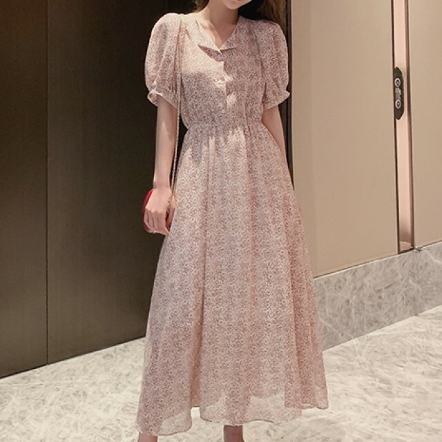 トレンド 売れ筋 ワンピース シフォン 半袖 パフスリーブ 花柄 ロング丈 マキシ丈 フェミニン きれいめ Kk1396 Fulgeo