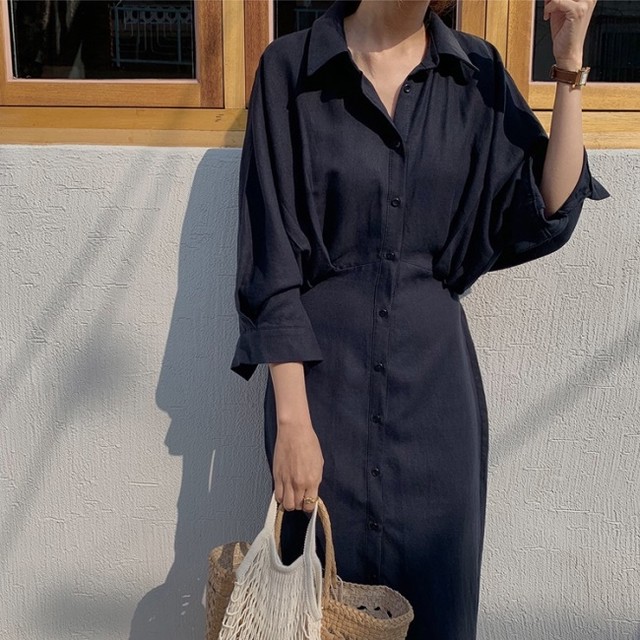 ワンピース ロング 秋 シャツワンピース 韓国 ファッション 秋服 レディース オーバーサイズ ゆったり ワンピ リラックス 前ボタン ボリューム ドルマンスリーブ シャツワンピ 黒 ベージュ グレー ロングワンピース 秋物 レディース Vestito