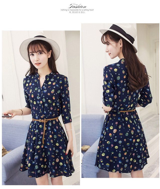 気球イラストが可愛い ノーカラー七分袖フレアイラスト柄ワンピース Kenkenp