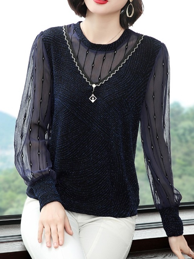 シャツ レディース ブラウス シャツ セーター ネイビー 長袖 透け感あり 着瘦せ 体型カバー おしゃれ カジュアル フォーマル 通勤 通学 Ol オフィス 入学式 入園式 卒業式 卒園式 日常 普段着 Goldayahiro