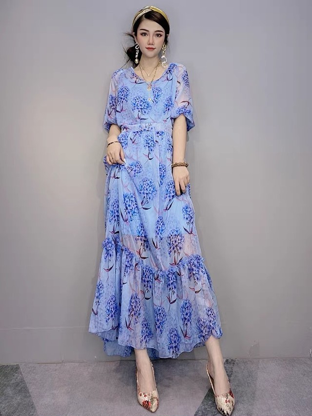 3カラー ワンピース 花柄 ピンク 水色 ゆったり ベージュ Loveysmileshop