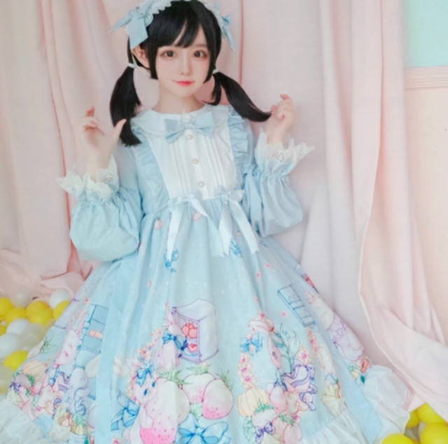 Top Mode ワンピース 春ワンピ ラビット フルーツ ワンピース うさぎ柄 フルーツ柄 リボン 長袖 膝丈 パステルカラー 甘ロリ メルヘン 大人可愛い ゆめかわ ガーリー ロリータ レトロ ラフ ゆったり お呼ばれ ピンク パープル 紫 ブルー 青 グリーン 緑 ニッチ Bitter