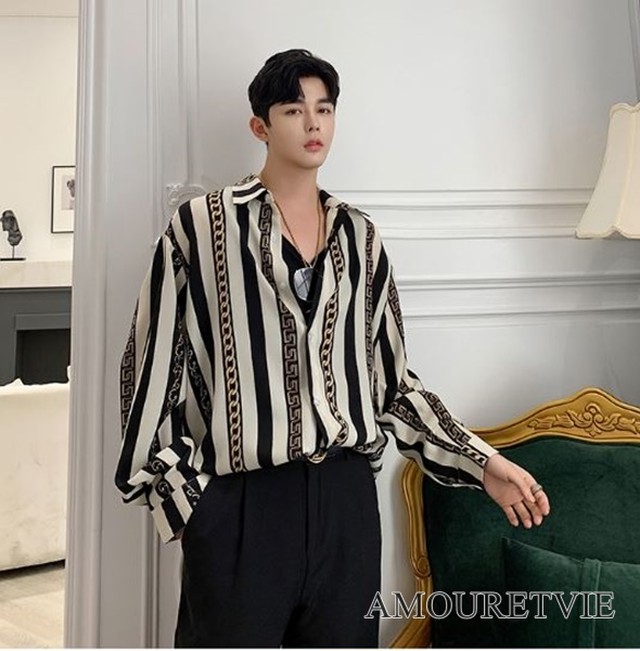 メンズ シャツ カジュアル ストライプ モノトーン レトロ感 原宿系