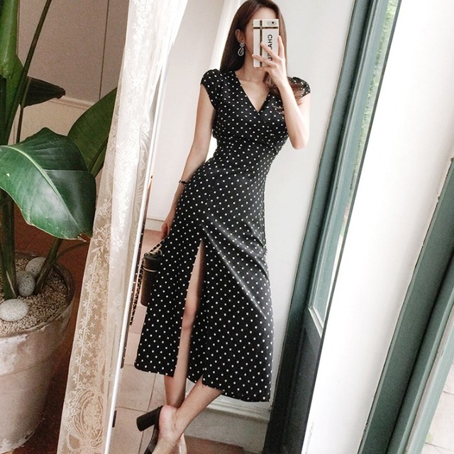ドット柄 スリット入り 半袖 ざっくりvネック ドレス ワンピースブライダル 結婚式 二次会 パーティー セクシー Kimkim