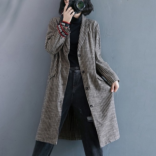 ジャケット レディース ロングジャケット ロングコート 秋 秋新作 ゆったり 大きいサイズ アウター ミディアム 膝丈 ロング ストライプ 薄手 ポケット 通勤 通学 カジュアル メンズライク 長袖 Leaflower 001 リーフラワー レディースファッション専門店