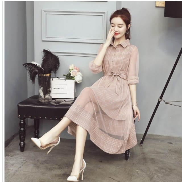 韓国 ファッション レディース ワンピース 夏 春 レトロ シースルー ワンピース レディース ドット 水玉 半そで 透け感 ロングワンピース Basecamp49