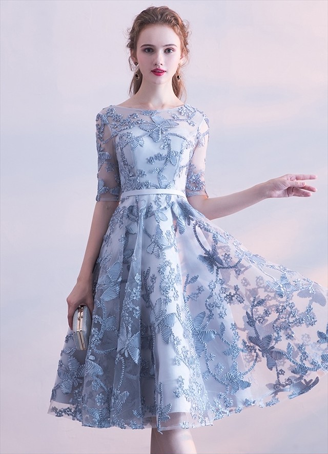 国内即納 即日配送 パーティードレス ブルーグレー 花柄 レース 五分袖 ミモレ丈 ミディアム ワンピース ワンピ フォーマル ミニドレス カラードレス セレモニー 代 30代 ドレス 二次会 花嫁 演奏会 お呼ばれ 結婚式 ゲストドレス Aライン レディース 服 Dress 服装