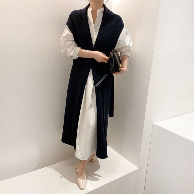 セットアップ シャツワンピース ロングベスト ボリューム袖 長袖 スタンドカラー ウエストベルト ロング丈 秋冬 大人きれい コーディネート St0238 Natuliria ナチュリリア