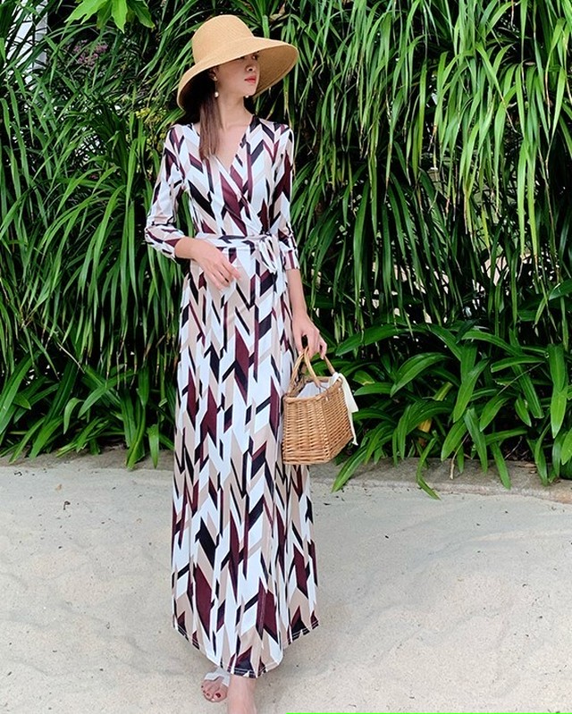 ワンピース 春夏 レディース ロング丈 ラップワンピース Vネック 七分袖 ハイウエスト 幾何学 レトロ リゾート 旅行 Ab1770 Valentina210