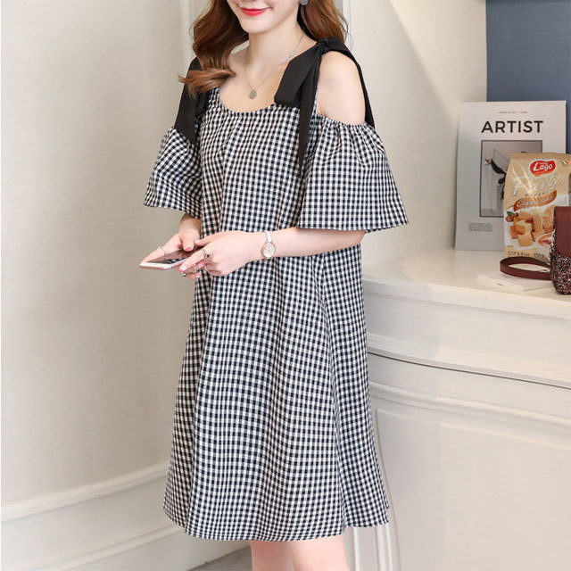 ギンガムチェック オフショル ワンピース レディース 体型カバー A N Skinny