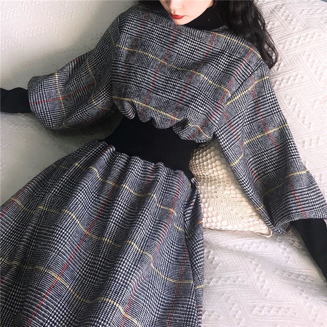 グレンチェック ハイネック ワンピース ボリューム袖 リブニット Aライン ロングスカート レトロ 秋冬 韓国 ファッション レディース J Aeka Clothet