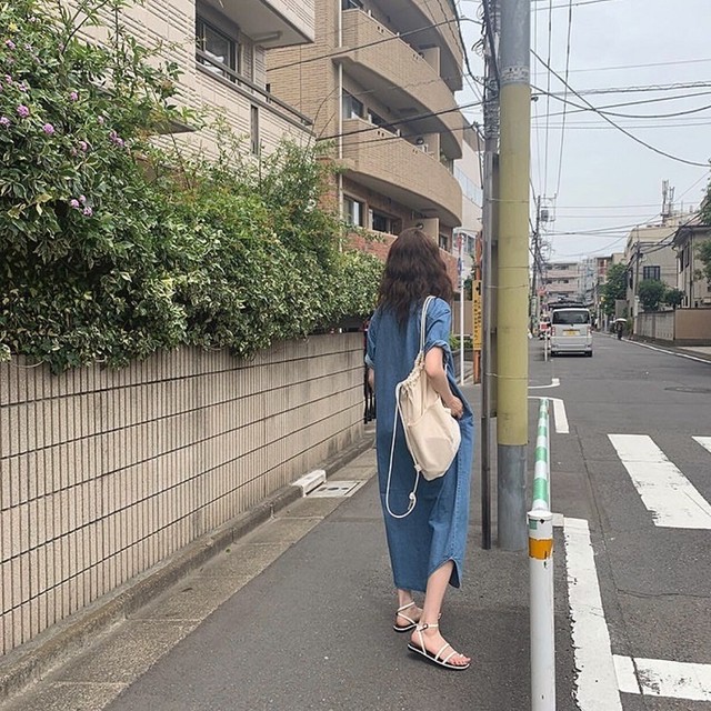 デニムワンピース シャツワンピース ロング丈 半袖 フロントボタン レトロ ゆったり かわいい カジュアル お出かけ デート デイリー 春 夏 Like Fashion