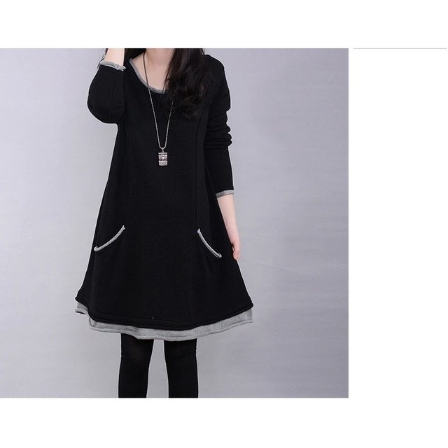 ワンピース ひざ丈 秋 冬 レディース 長袖 バイカラー 裏起毛 体型カバー 着痩せ ワンピ ゆったり 大きいサイズ 冬 膝丈ワンピース カジュアル ブラック ネイビー Dd a Style