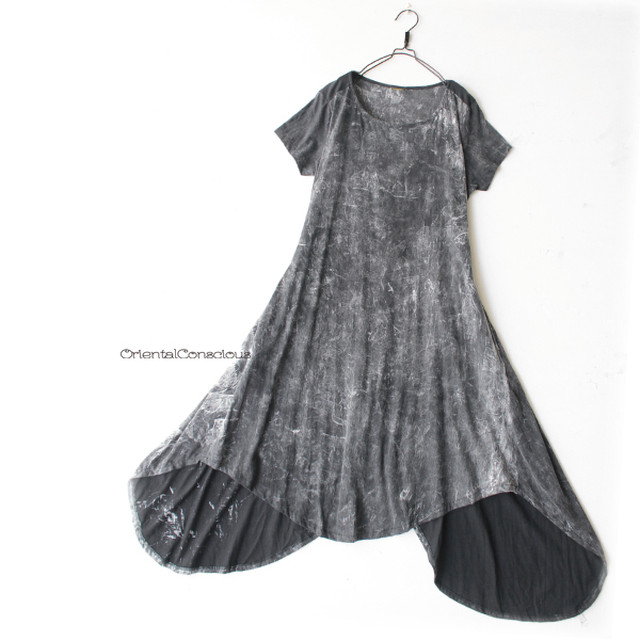ムラ染めタイダイ 変形曲線ヘムライン フレアワンピース Oriental Conscious