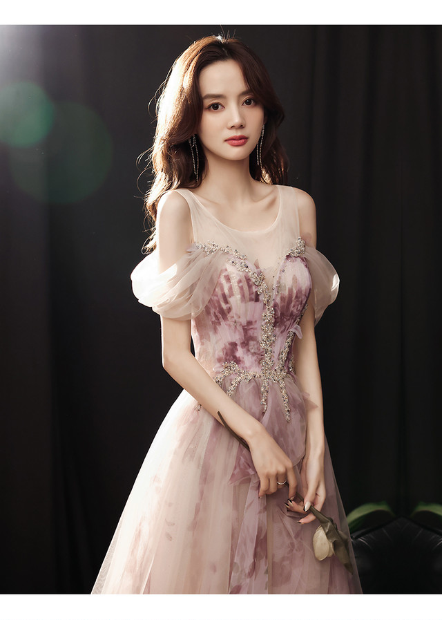 上品 パーティードレス ピンク 短トレーン プリンセスライン ロングドレス 可愛い エレガント 華やか シアーな美しさ Ynswedding23
