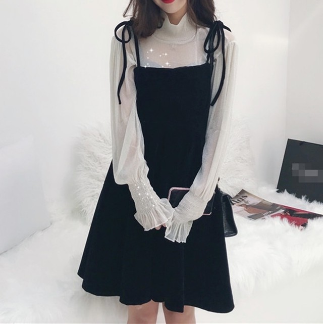 セットアップ ツーピース ブラウス ワンピース ショート丈 パフスリーブ シフォン フレア キャミワンピース Aライン リボン ガーリー フリル ハイネック 秋 冬 春 Like Fashion