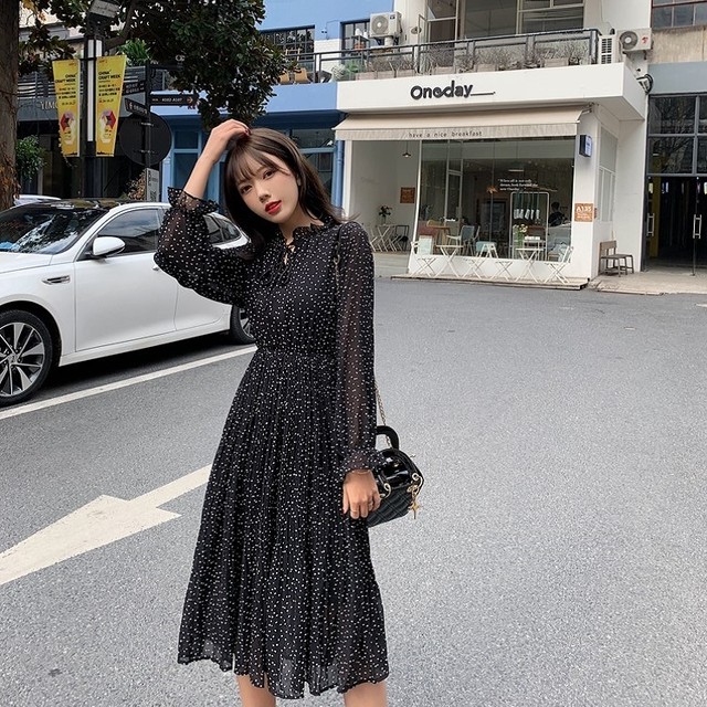 水玉ワンピース ドット柄ワンピース 水玉ワンピ ドット柄ワンピ ワンピース ワンピ レディース 女性用 通販 通販ワンピ 通販ワンピース 水玉 ドット レトロ ひざ丈 黒 シフォン 長袖 ハイウエスト リボン デート 旅行 お呼ばれ 食事会 女子会 普段着 上品 大人かわいい