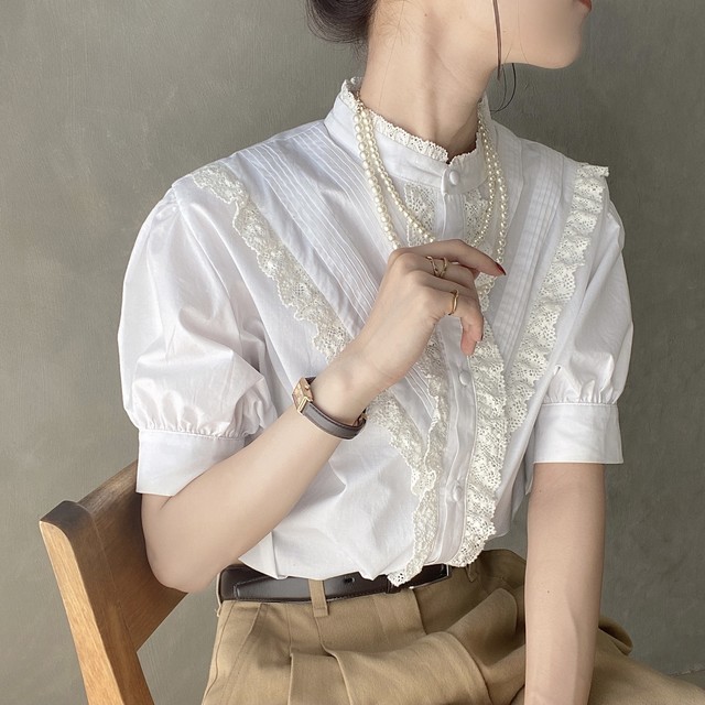 short sleeve lace blouse 【white】
