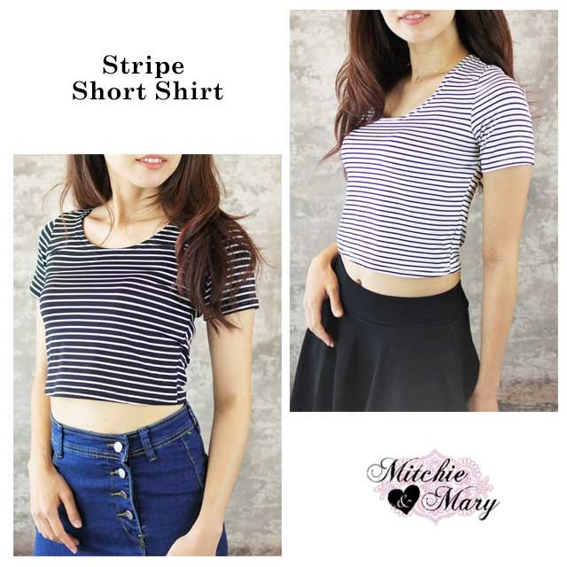 ショート丈tシャツ 白地黒ストライプ Mitchie Mary