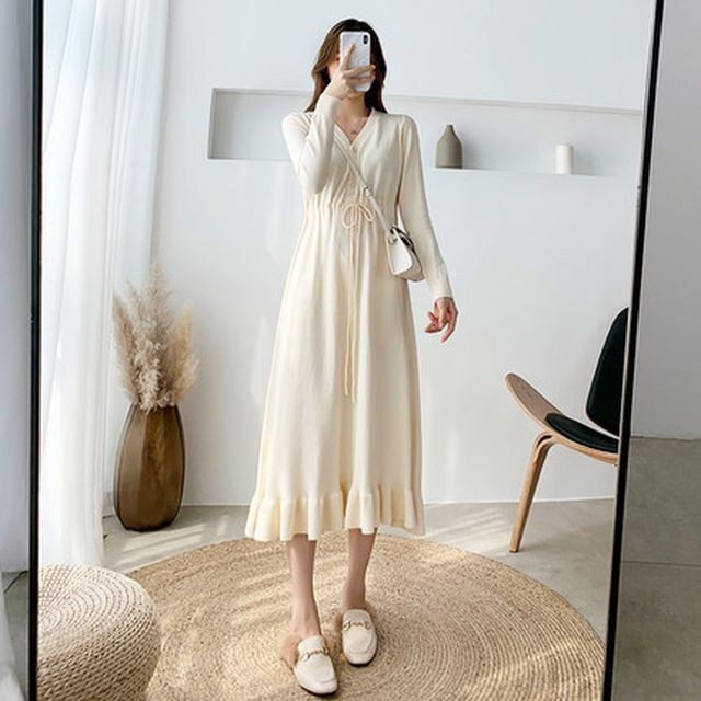 レディース ワンピース 秋 冬 長袖 Vネックマーメイドフリルニットワンピース ニット Vネック ウエストシャーリング ミモレ丈 フェミニン ガーリー 大人ガーリー 大人カジュアル カジュアル 秋冬 アイボリー ピンク ベージュ フリーサイズ Ukiukionepicec