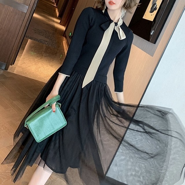【再入荷】バイカラーリボンドッキングワンピース