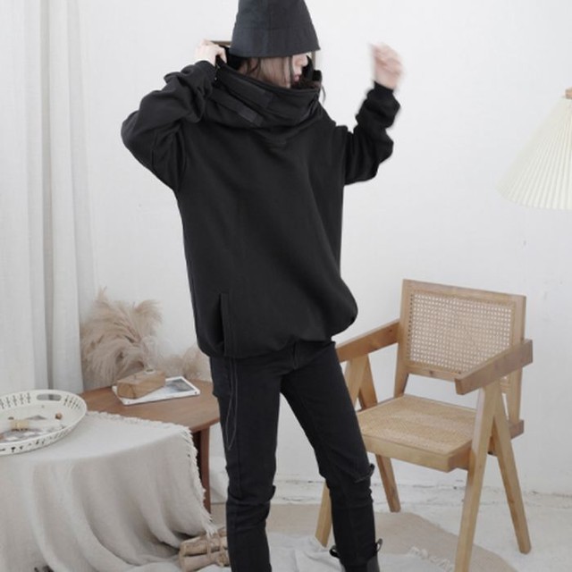 オフタートル ハイネック トレーナー スウェット パーカー フーディ フード ベルト ポケット 長袖 無地 オーバーサイズ ルーズフィット ブラック 黒 韓国 レディース メンズ ユニセックス カジュアル ストリート モード お支払い後日以内に発送 Top3 Garcons
