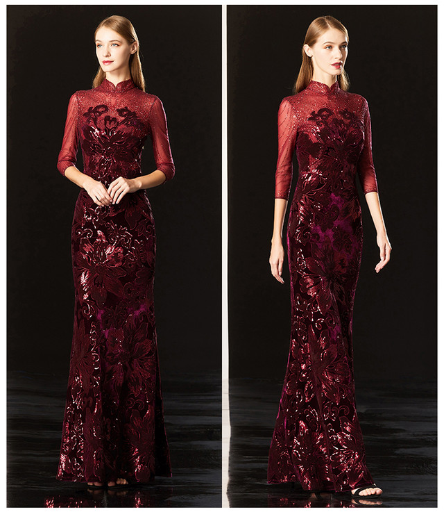 ロング丈チャイナ風ドレス タイト 七分袖 シースルー スパンコール 刺繡 結婚式 二次会 パーティー お呼ばれ Wb066 La Vie En Rose