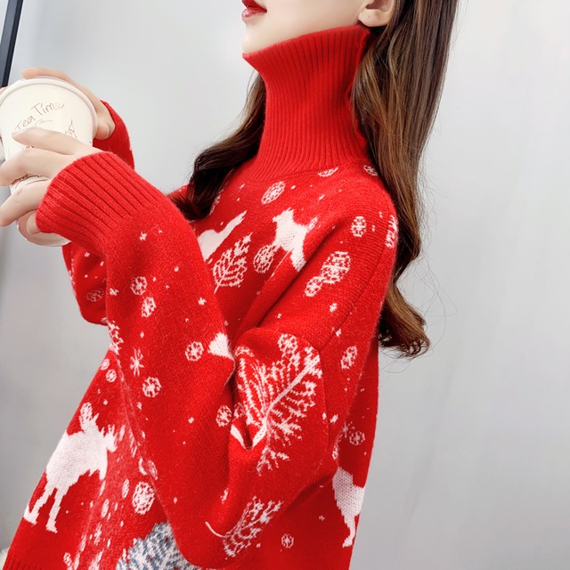 秋冬 韓国 カジュアル レトロ ハイネック 着やせ クリスマス ニット セーター トップス 75shops
