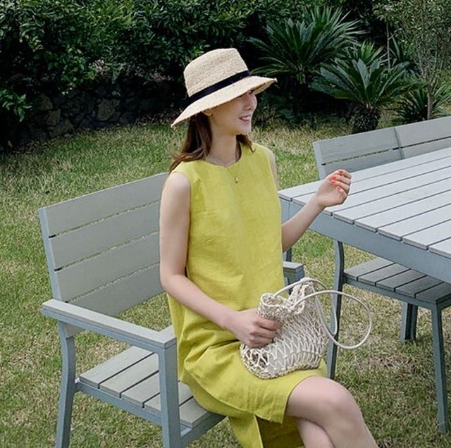 コットンリネン ノースリーブ ワンピース 膝丈 無地 シンプル カジュアル エレガント お出かけ リゾート 海 夏 Crystalhk