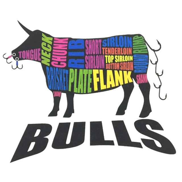 送料無料 Bulls 牛 牛の部位を英語でプリントしたブルズtシャツ 鼻と尻尾にフックが さらにフックが ルアー 釣りt Shanks
