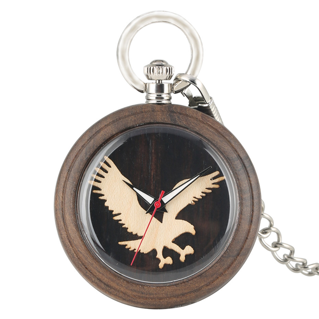 懐中時計 イーグル 木製 モノクロ イラスト シルバー チェーン 時計 インテリア Clock クロック ウォッチ オシャレ Clock Flog