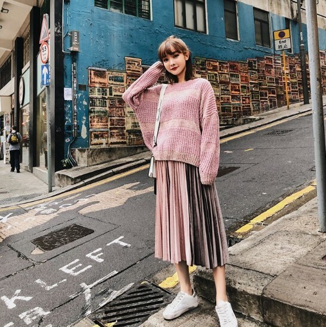 配色 ベロア プリーツ スカート ウエストゴム ロング丈 韓国ファッション きれいめ 光沢 ボトムス シンプル 大人可愛い 女子会 デート お出かけ 韓国系 シック 秋 冬 新作 Idear