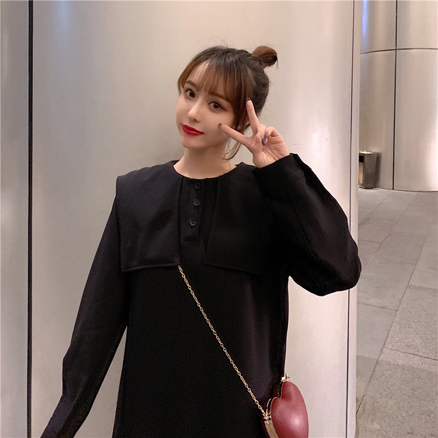 セーラーカラー 膝丈 プリーツワンピース 切替 長袖 ビッグカラー ブラックコーデ ローウエスト シンプル ガーリー 体型カバー 大きいサイズ 春 秋 Rb A09 0001 Redbell