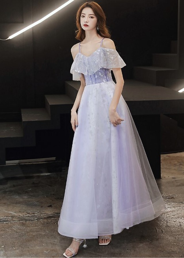 美品 パーティードレス ラベンダー色 キャミソール 可愛い 編み上げ 細見えシルエット Cinderelladress