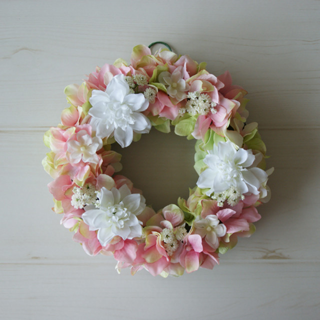 アジサイリース 手作りキットレシピ付 アーティフィシャルフラワー ピンクグリーン サイズ直径15cm Hanamizuki