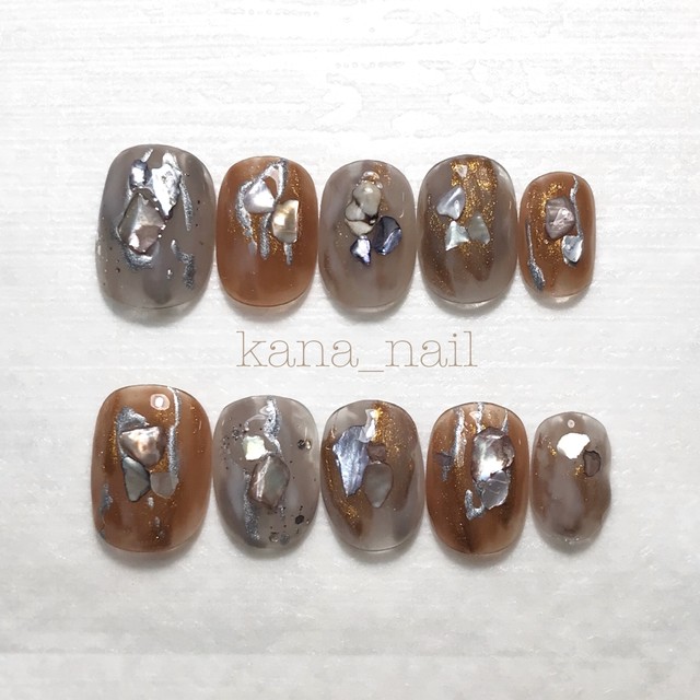 ニュアンスネイルチップ シェル オレンジブラウン グレー Kana Nail