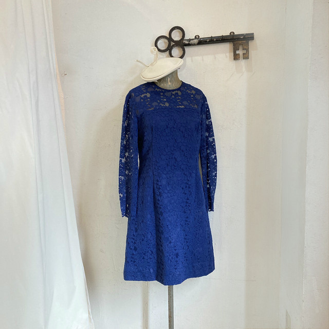 総レース ミニドレス 長袖 ワンピース ブルー ヴィンテージ Tokyodresslab