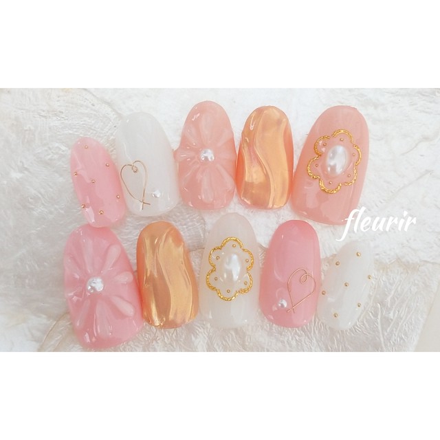 ネイルチップ お花 うねうね ミラー ピンク くすみピンク Nailfleurir