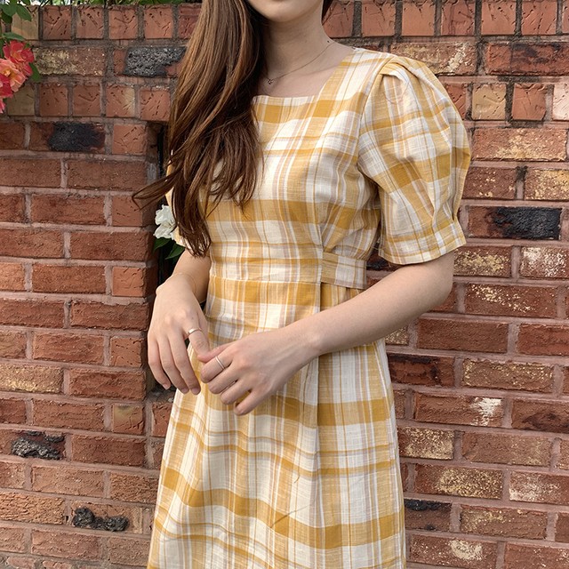 取り寄せ品 スクエアネック チェック柄 総柄 ナチュラル ロングワンピース Lavenderlane Fashion Shop