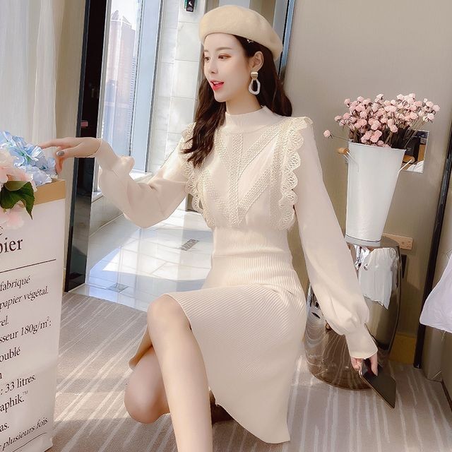 レディース ワンピース 秋 冬 長袖 フリル前立てニットワンピース ニット ハイネック ボトルネック Aライン ひざ丈 上品 フェミニン ガーリー 大人ガーリー 大人カジュアル カジュアル 秋冬 ホワイト レッド S Xlサイズ Ukiukionepicec