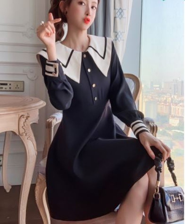 ワンピース 長袖 ミニ丈 フレア セーラー風 フロントボタン 大人可愛い デート お出かけ 春 Quadrifolie クローバー