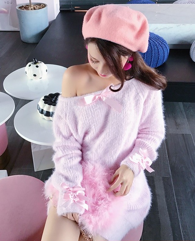 オフショルダートップス オフショルダーニット オフショルダーワンピース ニットワンピース ニットワンピ ニットセーター レディース トップス ワンピース ニット 無地 プルオーバー 長袖 ショート丈 フェミニン リボン 清楚 ガーリー エレガント 韓国 オルチャン 韓国