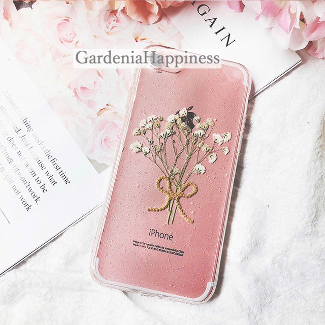 送料無料 かすみ草の花束のスマホケース 白 リボン ナチュラル クリアケース Gardeniahappiness Flower ガーデニア ハピネス フラワー