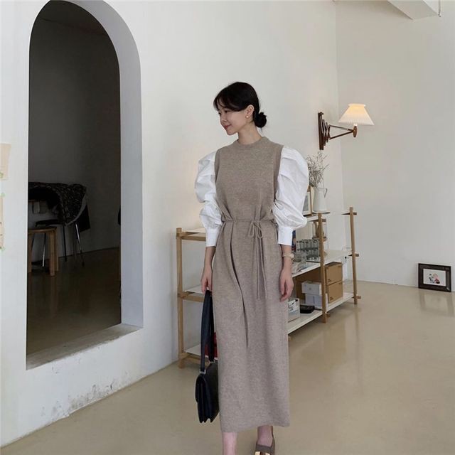 レディース ワンピース 秋冬 フェイクツーピースニットワンピース ウエストマーク ボリューム袖 パワーショルダー ロング丈 ニット フェミニン ガーリー 大人ガーリー 大人カジュアル カジュアル 秋 冬 ブラック ベージュ フリーサイズ Ukiukionepicec