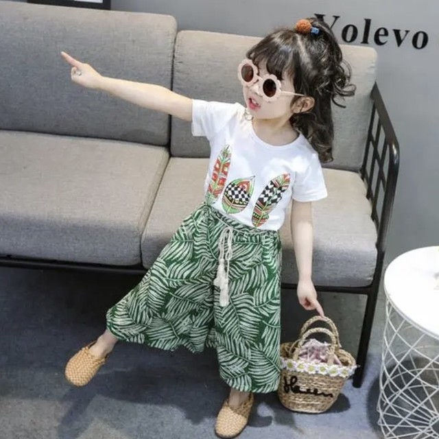 即納 女の子 子供服 韓国子供服 キッズ エスニック柄 Tシャツ ワイドパンツ 緑 セットアップ ガウチョ 半袖 春 夏 秋 女の子 可愛 おしゃれ 90 100 110 子供服 海外 韓国子供服セレクトショップ すぷりんぐ