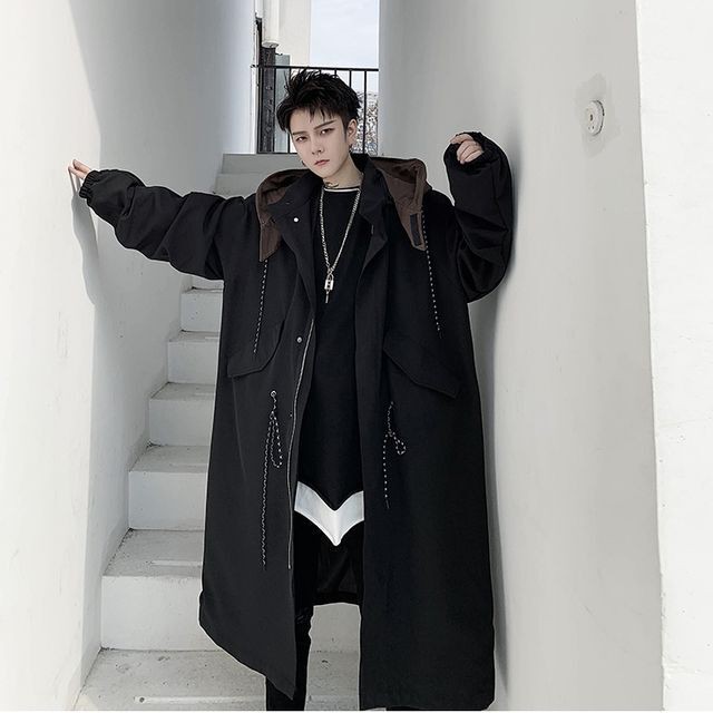 予約販売 スプリングコート ロング丈 春 アウター メンズ ブラック フード付 カジュアル こなれ感 お洒落 韓国トレンド 春 秋 M L Xl Favoriteselect